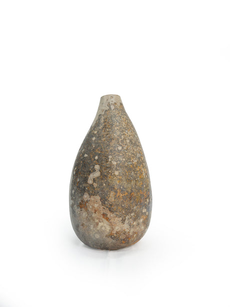 A teardrop-shaped gourd vase with a textured, speckled stone-like surface in earthy brown, gray, and beige tones, set against a plain white background.